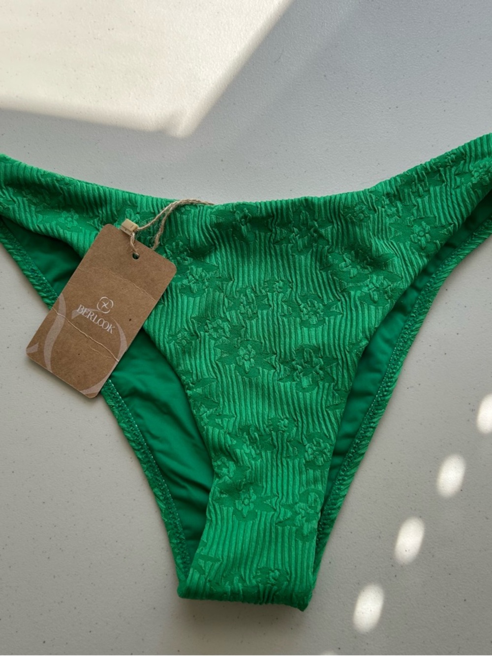 Berlook Bikini Bottom Small Green Floral Ribbed Swimwear